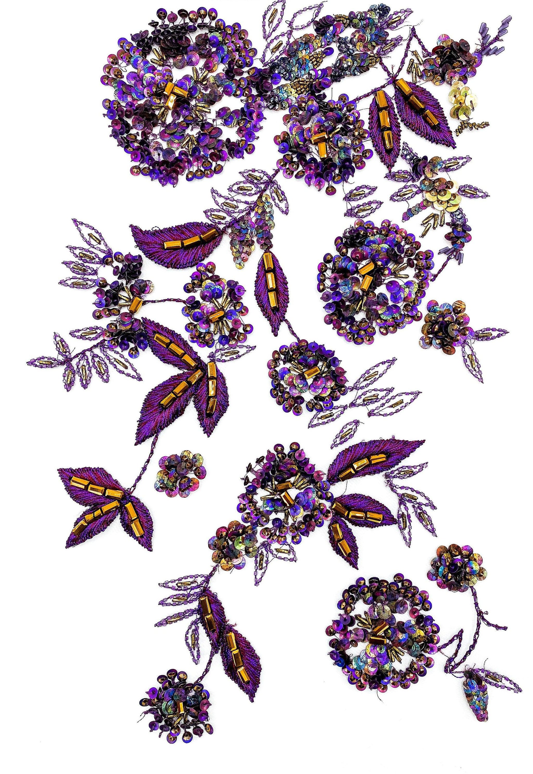 Floral Bead & Sequin Tulle Fabric - Beaded Tulle for Couture Fashion, Wedding tulle,PURPLE and GOLD, Beaded mesh Fabric,Applique for Gown