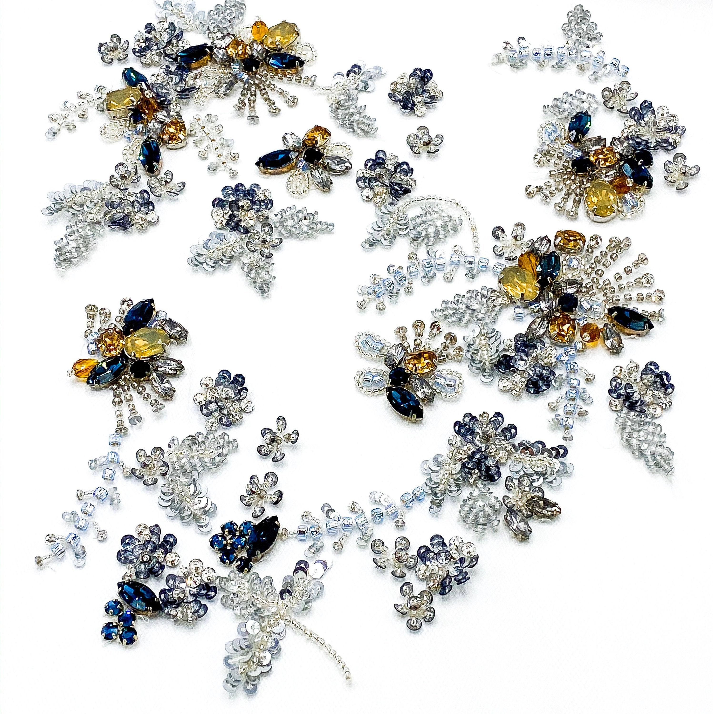 Rhinestones and Crystals Beaded Fabric - Gold and Montana Haute Couture Rhinestones Applique, Rhinestones Wedding Trim