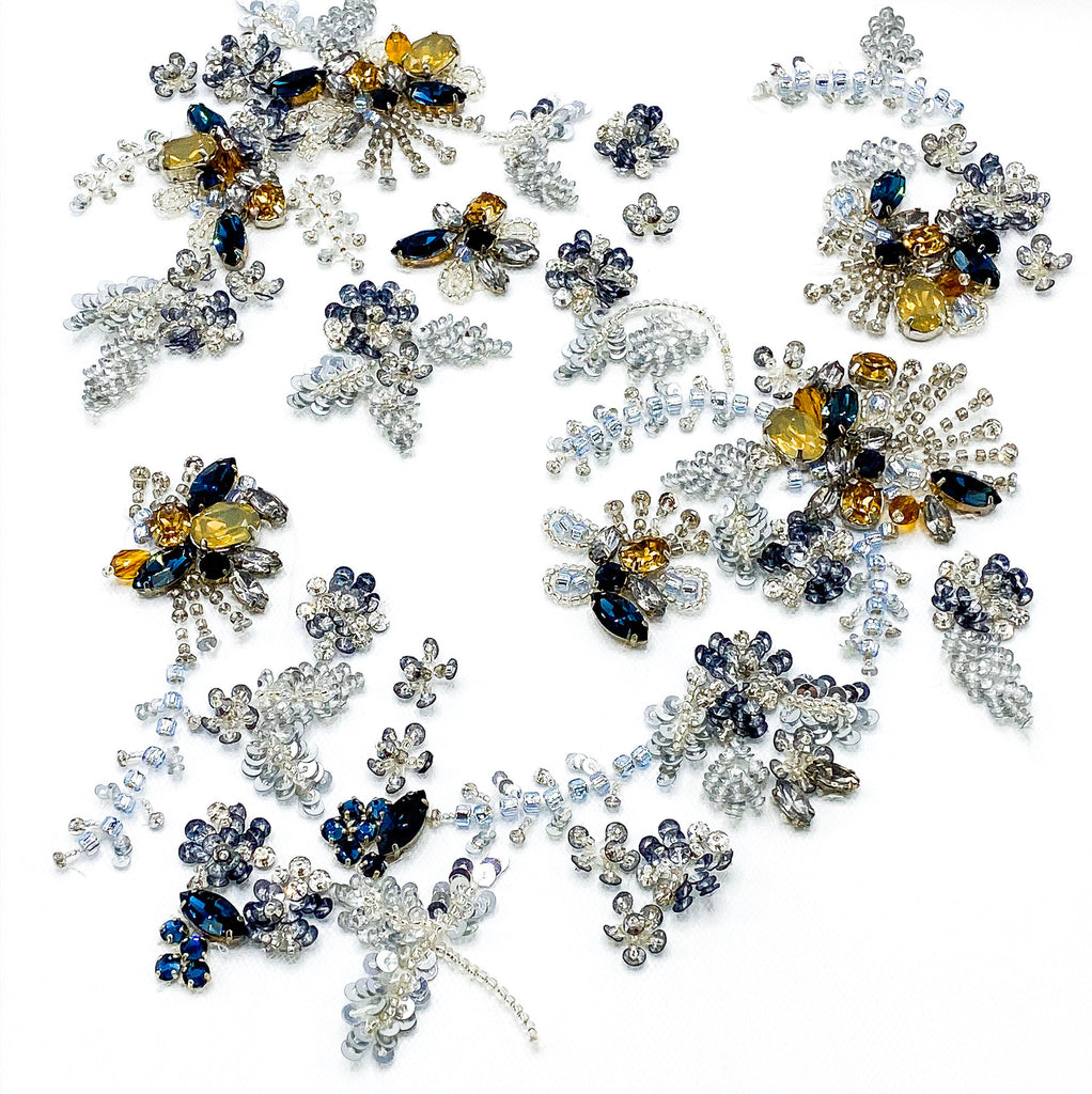 Rhinestones and Crystals Beaded Fabric - Gold and Montana Haute Couture Rhinestones Applique, Rhinestones Wedding Trim
