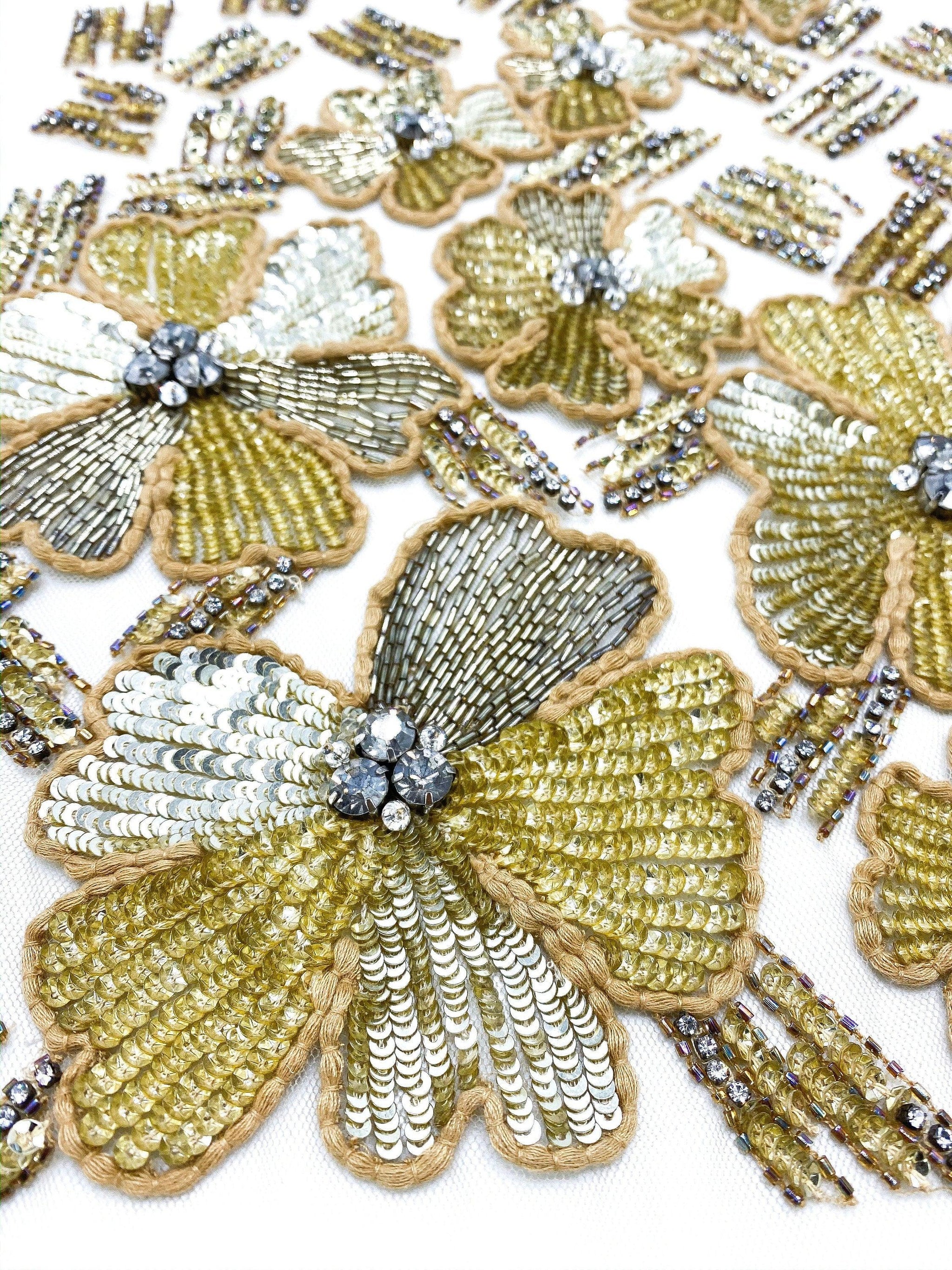 Floral Sequin Beaded Tulle - Beaded Tulle with Gold Flowers,Hand embroidered Couture Beaded Tulle Applique for wedding gown & evening Dress