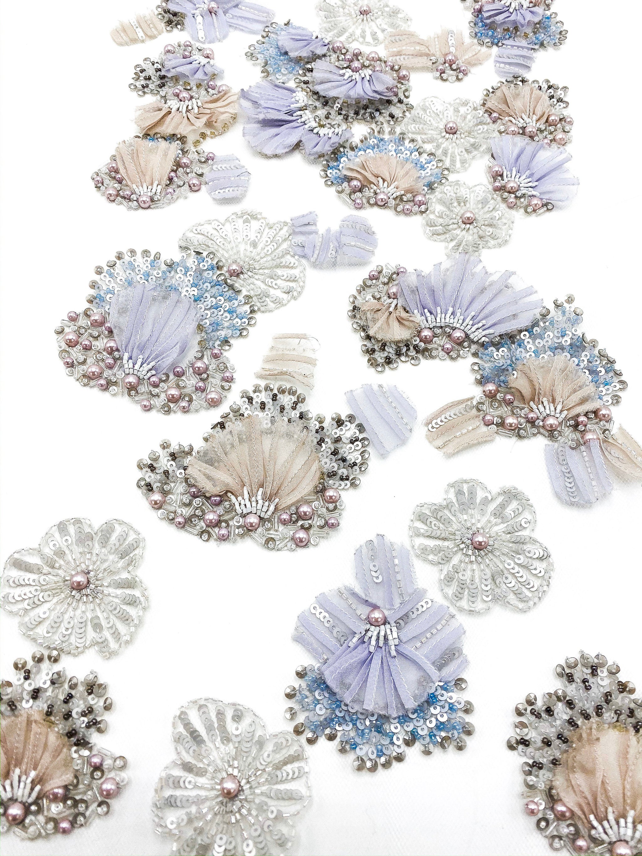 Floral Beaded Applique for wedding Dress - Pastel 3D Flowers Lace Fabric,Couture Lace Fabric with pearls,Hand Beaded and embroidered Fabric.